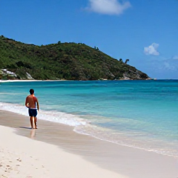 Caribbean Holidays, Virgin Islands Culture, Peaceful tropical beach on St John near Cruz Bay, with turquoise water, green hills and a traveller exploring the shoreline