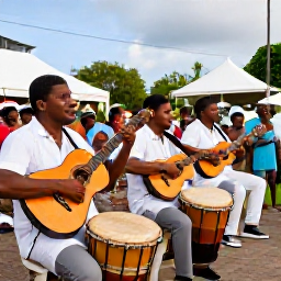 Caribbean Holidays, Virgin Islands Culture, Traditional Quelbe musicians performing outdoors in St Croix, with drums, guitars and a cheerful island crowd