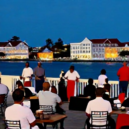 Caribbean Holidays, Virgin Islands December, Festive evening in Charlotte Amalie with local music, illuminated waterfront buildings, Caribbean food and visitors enjoying December celebrations