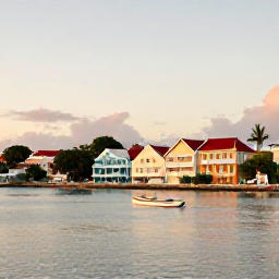 Caribbean Holidays, Virgin Islands December, Relaxed waterfront scene in Christiansted, St Croix, colourful colonial buildings, small boats and warm Caribbean evening light