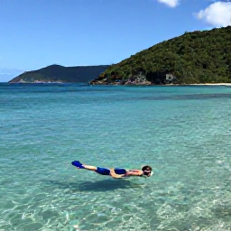Caribbean Holidays, Virgin Islands December, Trunk Bay on St John, calm turquoise sea, green hills and a snorkeller enjoying clear shallow water in December sunlight