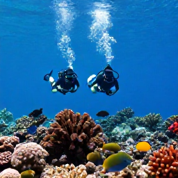 Caribbean Holidays, Virgin Islands Diving, Divers swimming above a shallow coral reef with tropical fish near St Thomas, United States Virgin Islands