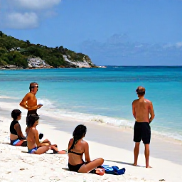 Caribbean Holidays, Virgin Islands Diving, Friendly scuba diving instructor briefing holidaymakers beside a tropical beach in the United States Virgin Islands
