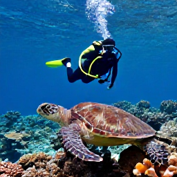 Caribbean Holidays, Virgin Islands Diving, Scuba diver above a protected coral reef and sea turtle in the clear waters of St John, United States Virgin Islands
