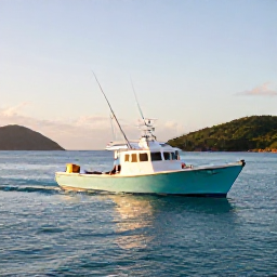 Caribbean Holidays, Virgin Islands Fishing, A bright Caribbean fishing boat heading out from a U.S. Virgin Islands harbour at sunrise, calm turquoise water and green islands in the background
