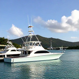 Caribbean Holidays, Virgin Islands Fishing, A bright March morning at a Caribbean marina in St Thomas, with sport fishing boats, calm turquoise water and green hills in the background