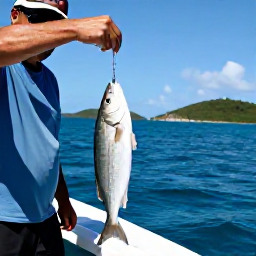 Caribbean Holidays, Virgin Islands Fishing, A freshly caught fish being carefully released beside a Caribbean fishing boat, with pristine blue water and tropical islands in the distance
