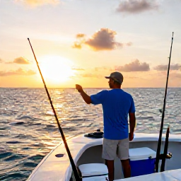 Caribbean Holidays, Virgin Islands Fishing, A friendly fishing guide helping visitors on a charter boat at sunset near St Croix, with rods, cool box and golden Caribbean sea