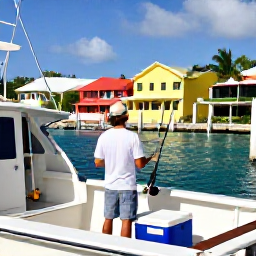 Caribbean Holidays, Virgin Islands Fishing, A friendly fishing guide preparing rods and cool boxes on a charter boat in a U.S. Virgin Islands marina, colourful buildings and palm trees in the background