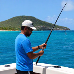 Caribbean Holidays, Virgin Islands Fishing, A friendly local fishing guide preparing tackle on a boat with green Caribbean islands in the background