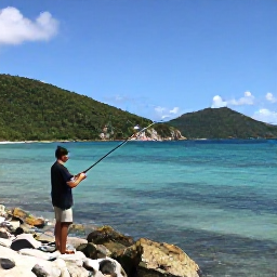 Caribbean Holidays, Virgin Islands Fishing, A peaceful angler casting from a rocky shoreline beside clear water and green hills on St John