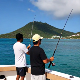 Caribbean Holidays, Virgin Islands Fishing, A professional fishing charter cruising through clear Caribbean water off St Thomas, with anglers preparing rods and dramatic island coastline behind them