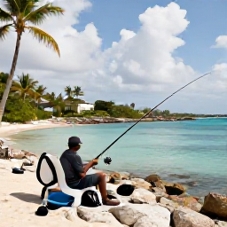 Caribbean Holidays, Virgin Islands Fishing, A relaxed angler casting from a rocky shoreline beside a calm tropical bay on St Croix, with palm trees and fishing gear
