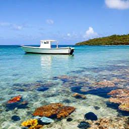 Caribbean Holidays, Virgin Islands Fishing, A small boat fishing beside a colourful coral reef in clear shallow water near St John, U.S. Virgin Islands, with tropical fish visible below the surface