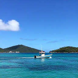Caribbean Holidays, Virgin Islands Fishing, A small fishing boat heading across clear Caribbean water near St Thomas, with green islands and a bright September sky