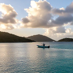 Caribbean Holidays, Virgin Islands Fishing, A small fishing boat leaving a turquoise Caribbean bay at sunrise near the United States Virgin Islands