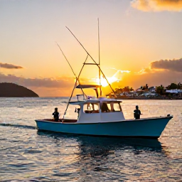 Caribbean Holidays, Virgin Islands Fishing, A sunset fishing boat returning to a colourful harbour in the U.S. Virgin Islands, anglers smiling with the Caribbean sky glowing behind them
