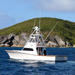 Caribbean Holidays, Virgin Islands Fishing, Anglers on a modern charter boat catching fish in deep blue Caribbean water near the U.S. Virgin Islands, with fishing rods and rugged green coastline behind