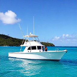 Caribbean Holidays, Virgin Islands Fishing, Anglers on a modern charter boat preparing fishing rods beside turquoise water off St Thomas in the United States Virgin Islands