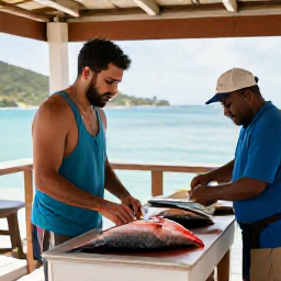 Caribbean Holidays, Virgin Islands Fishing, Freshly caught Caribbean fish being prepared at a waterside restaurant in the United States Virgin Islands, with a relaxed island setting