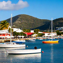 Caribbean Holidays, Virgin Islands Holidays, A bright Caribbean harbour in August with colourful boats, palm trees and the hills of Saint Thomas in the background