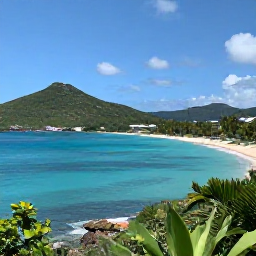 Caribbean Holidays, Virgin Islands Holidays, A bright panoramic view of Magens Bay on St Thomas, with calm turquoise water, a sandy beach, green hills and a few palm trees