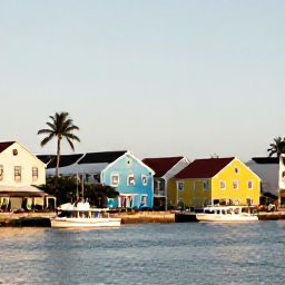 Caribbean Holidays, Virgin Islands Holidays, A colourful waterfront scene in Christiansted on St Croix, with historic buildings, small boats, palm trees and warm late-afternoon light