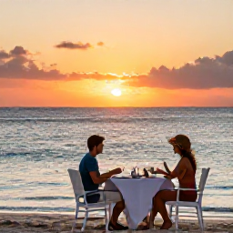 Caribbean Holidays, Virgin Islands Holidays, A couple enjoying a sunset dinner beside a Caribbean beach in the United States Virgin Islands, with gentle waves and a colourful sky