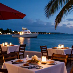 Caribbean Holidays, Virgin Islands Holidays, A relaxed August evening at a Caribbean waterfront restaurant, with outdoor tables, local food and softly lit boats