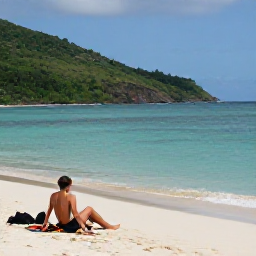 Caribbean Holidays, Virgin Islands Holidays, Travellers relaxing on a sandy Caribbean beach in August, with calm turquoise water, snorkelling gear and lush green hills