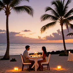 Caribbean Holidays, Virgin Islands Honeymoons, Candlelit dinner for two on a beachfront terrace with palm trees and a Caribbean sunset in the background