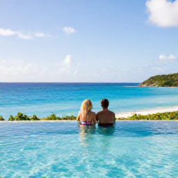 Caribbean Holidays, Virgin Islands Honeymoons, Couple relaxing beside an infinity pool overlooking the Caribbean Sea on St Thomas