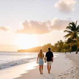 Caribbean Holidays, Virgin Islands Honeymoons, Couple walking hand in hand along a quiet white-sand beach at sunset on St John, US Virgin Islands