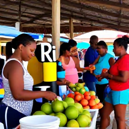 Caribbean Holidays, Virgin Islands July, Friendly travel scene at a shaded Caribbean market in the United States Virgin Islands, with local crafts, fruit and visitors browsing