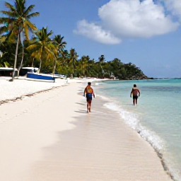 Caribbean Holidays, Virgin Islands July, Relaxed Caribbean beach scene in July with snorkellers, colourful fish, palm trees and a small boat near St John