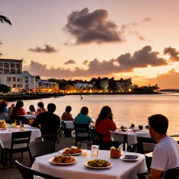 Caribbean Holidays, Virgin Islands July, Relaxed Caribbean evening in Charlotte Amalie with outdoor tables, local food, harbour lights and a warm sunset sky