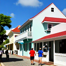 Caribbean Holidays, Virgin Islands July, Travellers walking through historic Charlotte Amalie streets with pastel buildings, Danish colonial architecture and small independent shops
