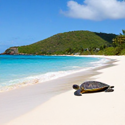 Caribbean Holidays, Virgin Islands Nature, A quiet white-sand beach with turquoise water, sea turtles near the shore and green hills in the background