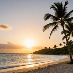 Caribbean Holidays, Virgin Islands Nature, A relaxed Caribbean sunset over the sea, with palm trees and a natural beach on St Thomas or St John