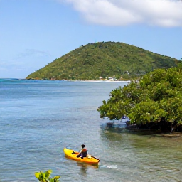 Caribbean Holidays, Virgin Islands Nature, A small kayak gliding across calm Caribbean water beside mangroves and a green island coastline