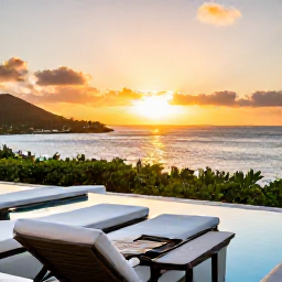 Caribbean Holidays, Virgin Islands October, Elegant resort terrace overlooking a Caribbean bay at sunset, representing a relaxing business class holiday in the United States Virgin Islands