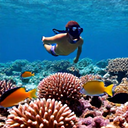 Caribbean Holidays, Virgin Islands October, Snorkeller viewing colourful fish above a coral reef in clear Caribbean water near St John