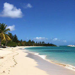 Caribbean Holidays, Virgin Islands October, Sunny Caribbean beach on St Thomas with calm turquoise water, palm trees and a small boat offshore