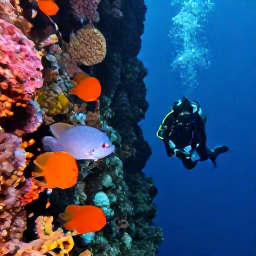 Caribbean Holidays, Virgin Islands Scuba Diving, A scuba diver swimming beside a dramatic underwater wall with colourful sponges and tropical fish near St Thomas