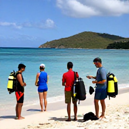 Caribbean Holidays, Virgin Islands Scuba Diving, Friendly Caribbean dive instructor preparing scuba equipment with visitors beside a sandy beach in the U.S. Virgin Islands
