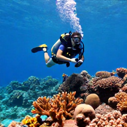 Caribbean Holidays, Virgin Islands Scuba Diving, Scuba diver exploring a colourful coral reef in clear turquoise water around the U.S. Virgin Islands