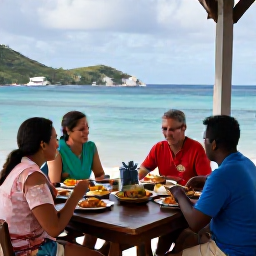 Caribbean Holidays, Virgin Islands Solo Holidays, A friendly small group sharing food and conversation at an outdoor Caribbean restaurant beside the sea in the United States Virgin Islands