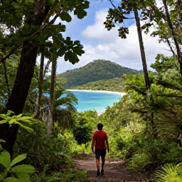 Caribbean Holidays, Virgin Islands Solo Holidays, A solo traveller hiking through lush tropical forest towards a secluded beach in Virgin Islands National Park on St John
