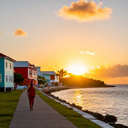 Caribbean Holidays, Virgin Islands Solo Holidays, A solo visitor enjoying a peaceful seaside promenade, colourful buildings and golden sunset in Christiansted, St Croix