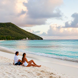 Caribbean Holidays, Virgin Islands Spa, A couple relaxing on a quiet white-sand beach in Saint John, with turquoise water, green hills and a soft summer sky